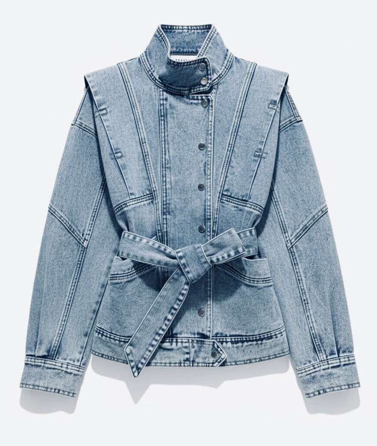 Veste en denim bleu col montant