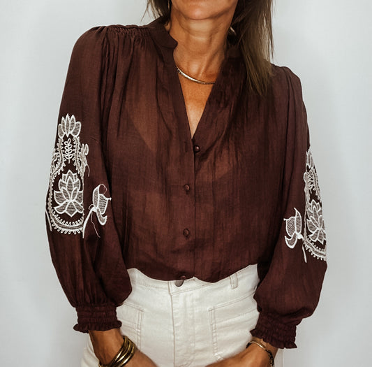 Blouse avec manches brodées chocolat