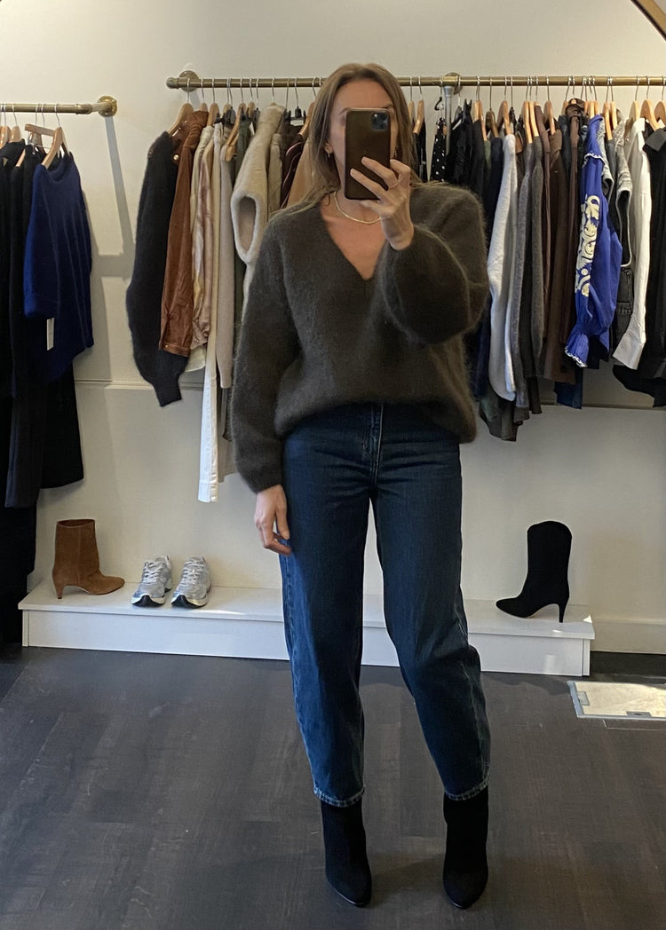 Pull oversize col V kaki foncé