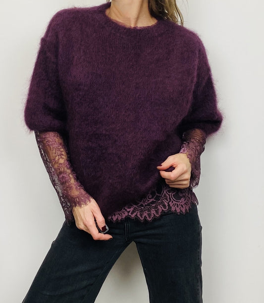 Pull mohair manches 3/4 prune