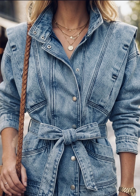 Veste en denim bleu col montant