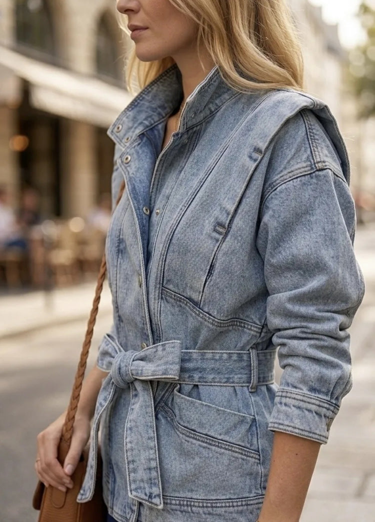 Veste en denim bleu col montant